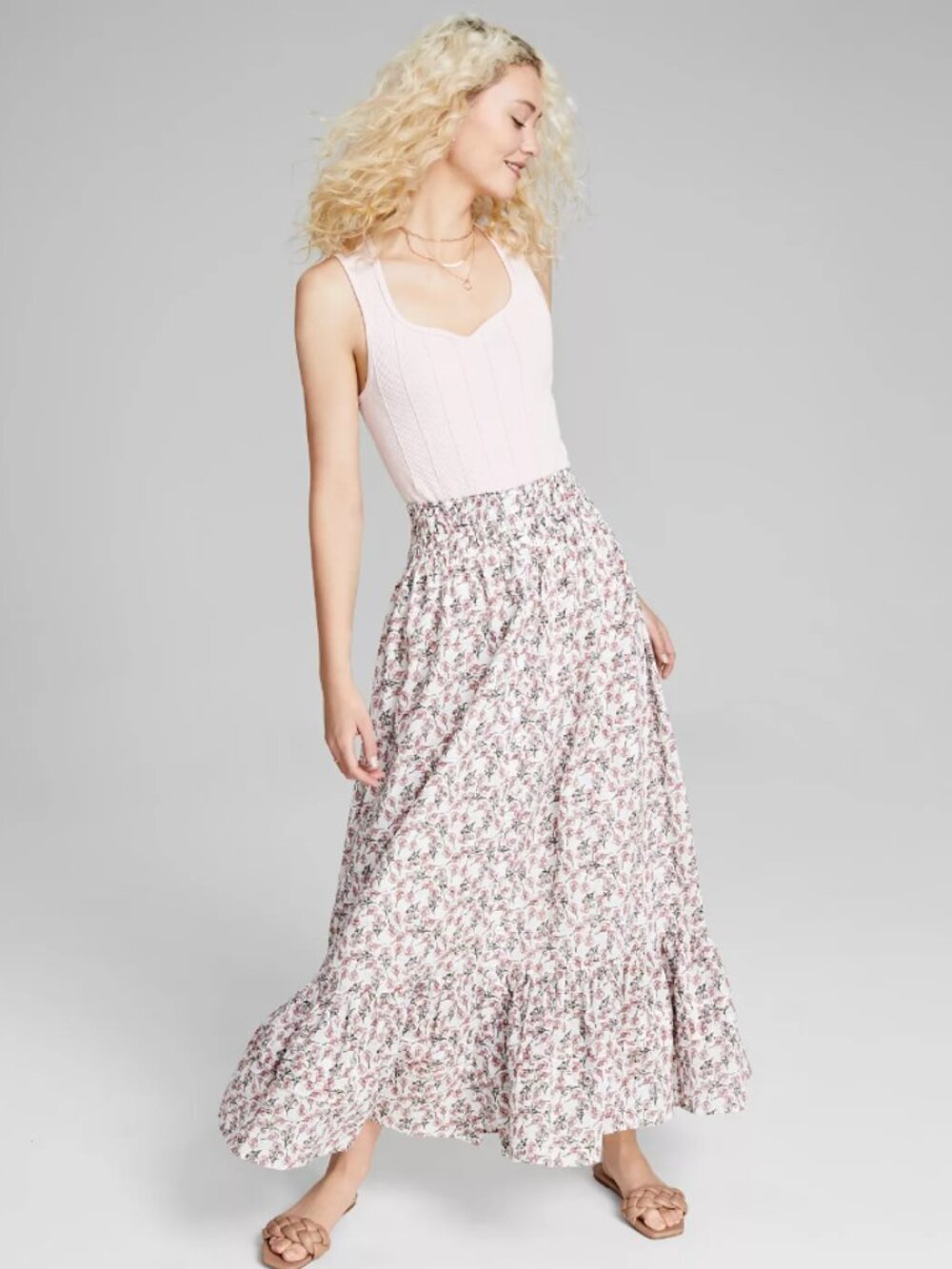 White pink floral maxi skirt coquette cottage fairy spring boho milkmaid prairie